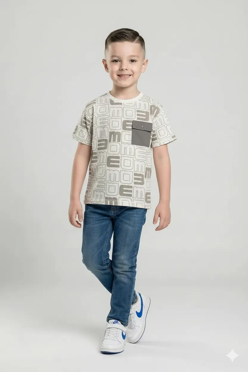 Octave Boys Stone Printed Round Neck Pockets T-shirt
