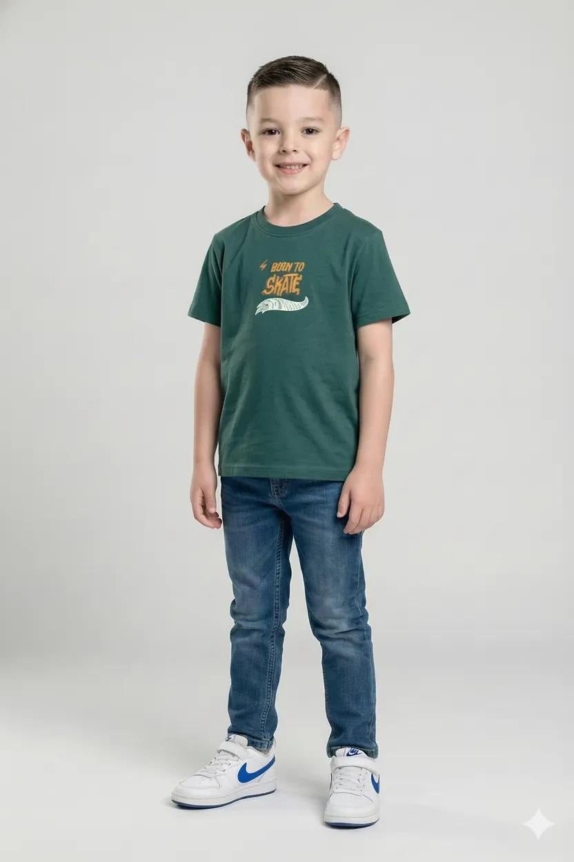 Octave Boys Bottle Green Typography Printed Cotton Tshirts