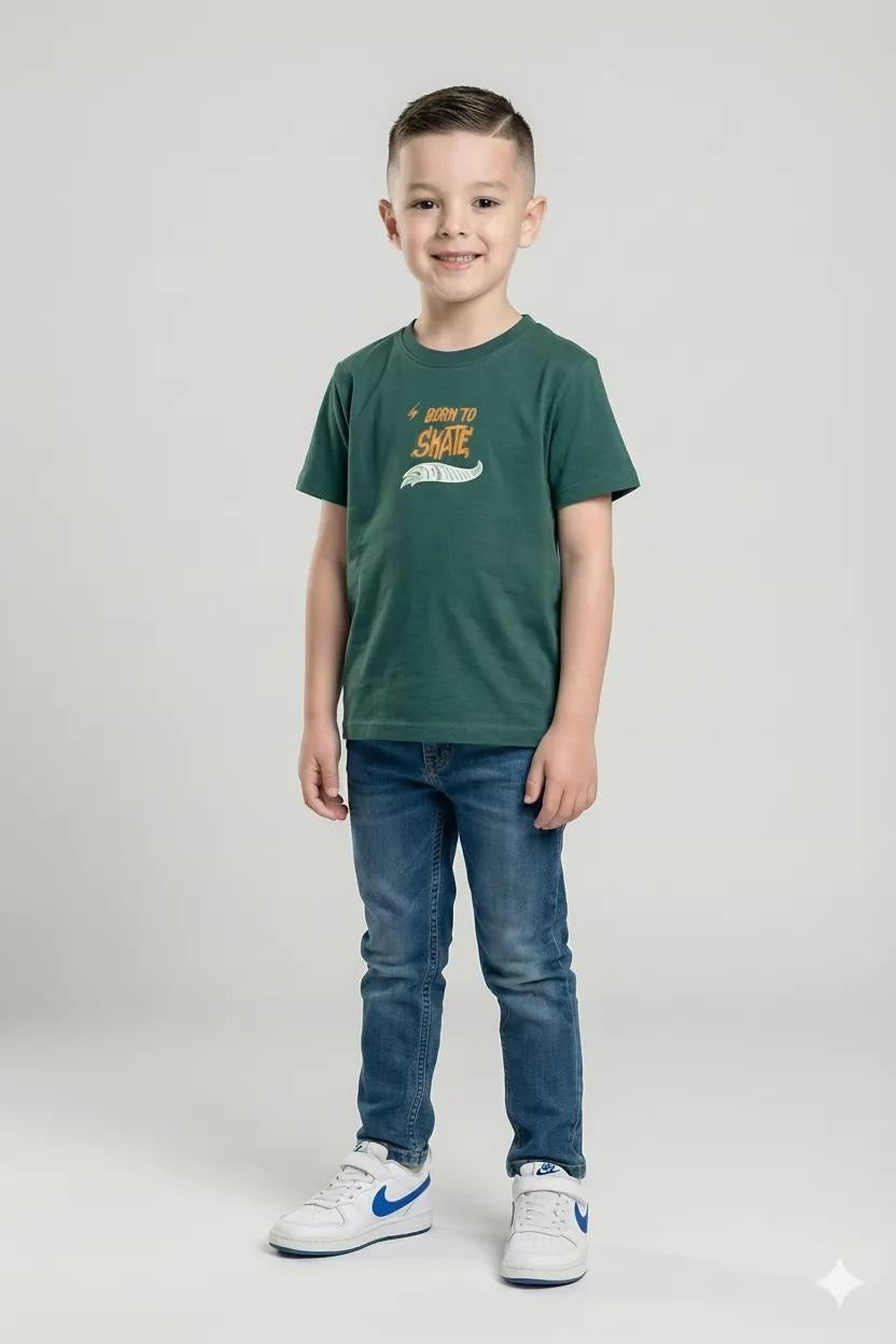 Octave Boys Bottle Green Typography Printed Cotton Tshirts