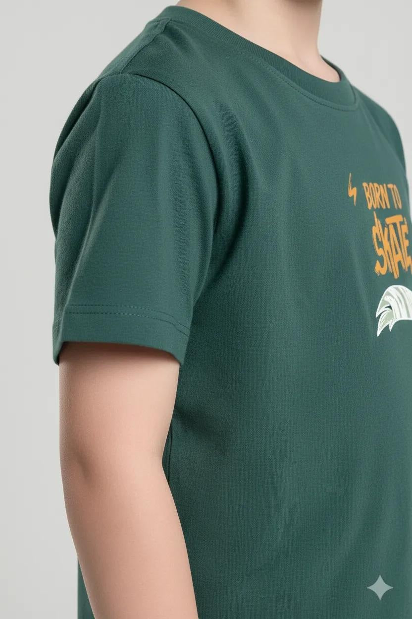 Octave Boys Bottle Green Typography Printed Cotton Tshirts