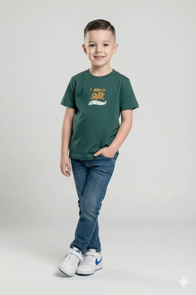 Octave Boys Bottle Green Typography Printed Cotton Tshirts