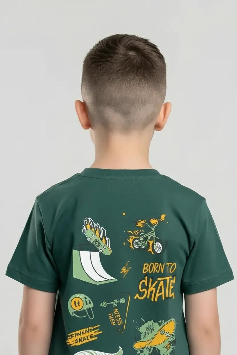 Octave Boys Bottle Green Typography Printed Cotton Tshirts