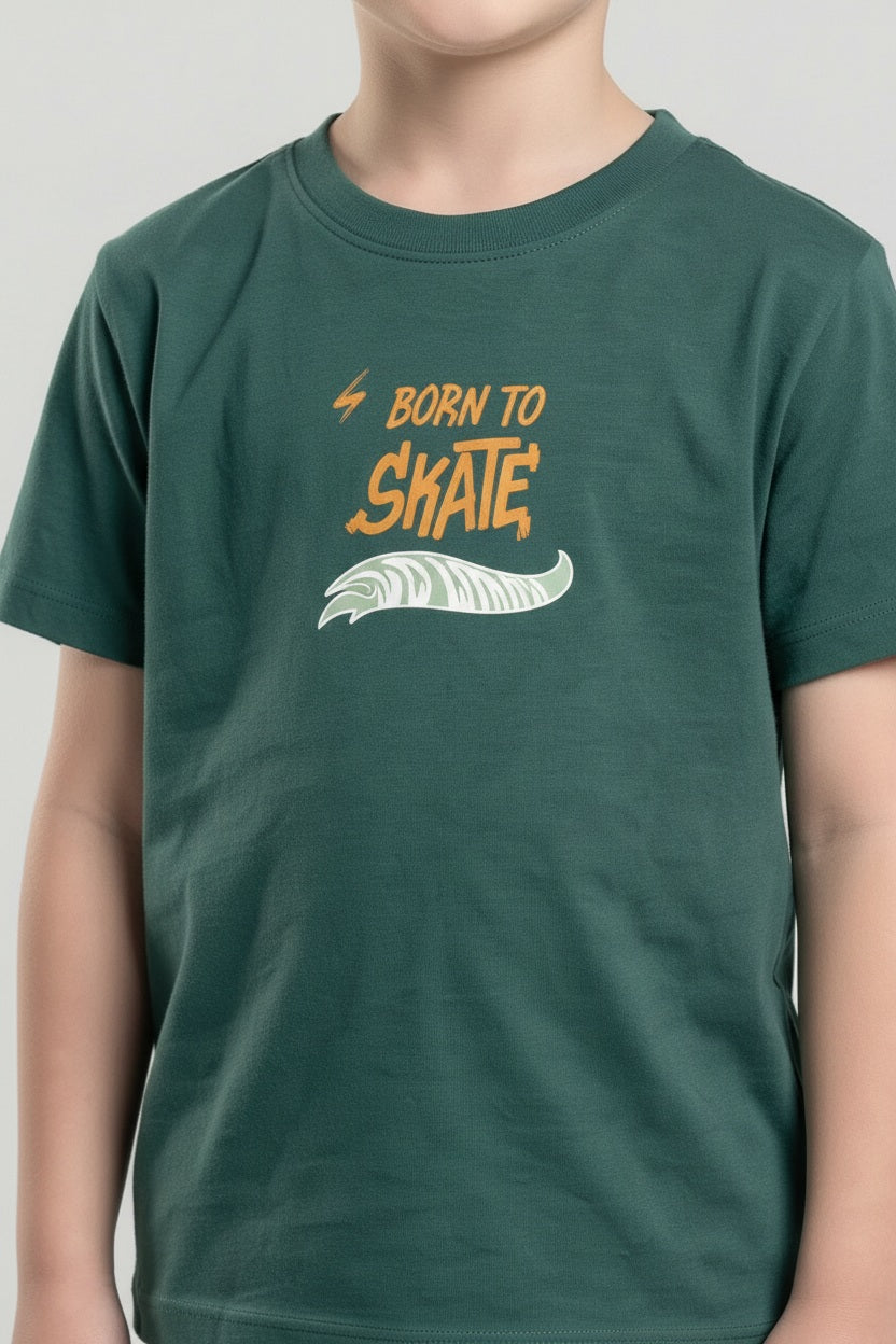 Octave Boys Bottle Green Typography Printed Cotton Tshirts