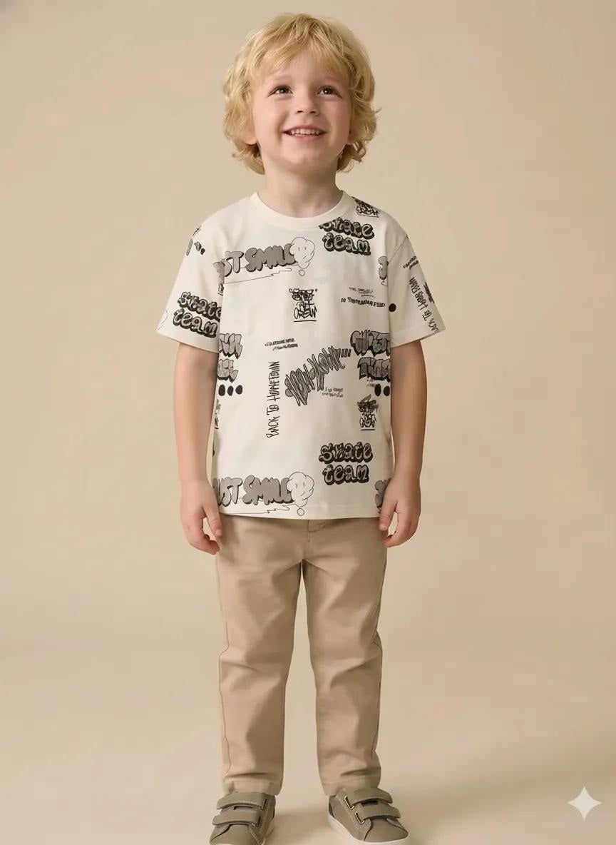 Boys Cream Printed T-shirt