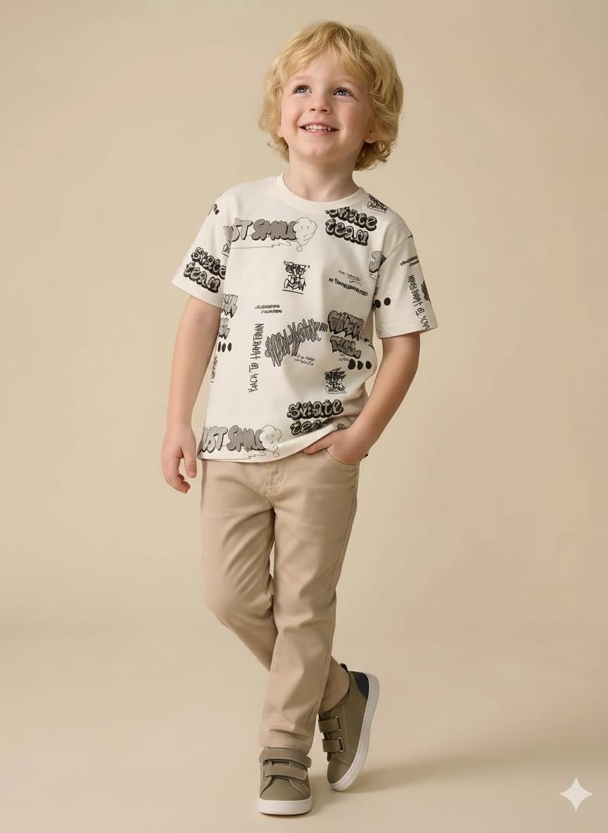 Boys Cream Printed T-shirt