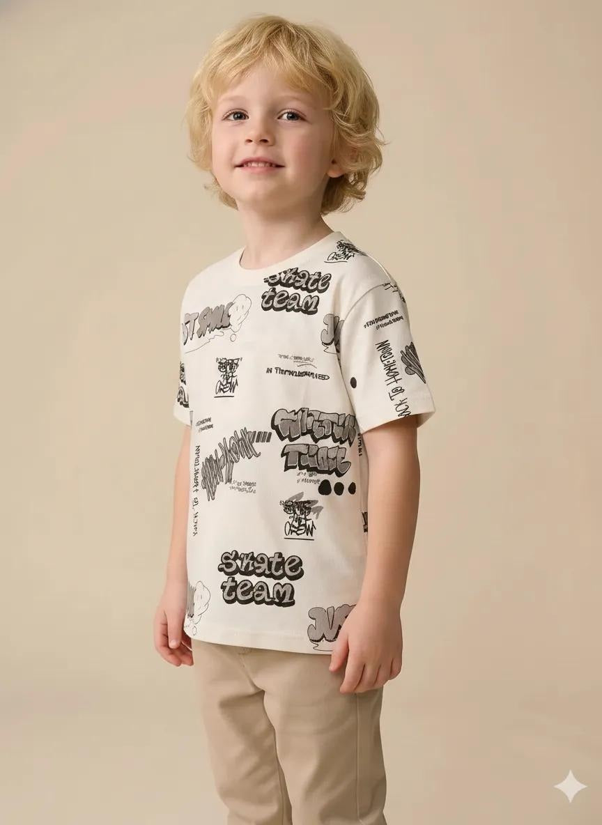 Boys Cream Printed T-shirt