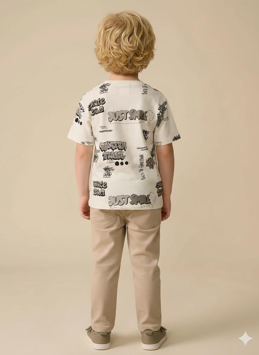 Boys Cream Printed T-shirt