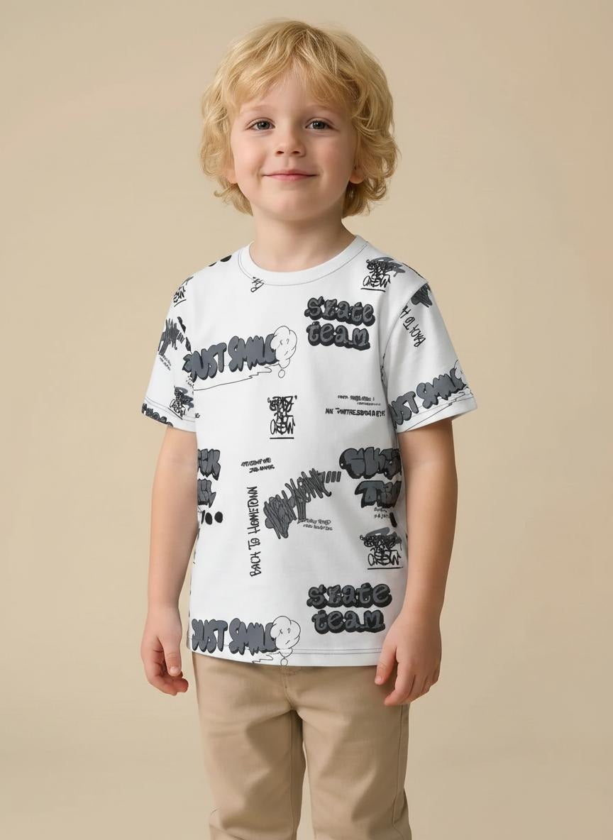 Boys Off White Printed T-shirt