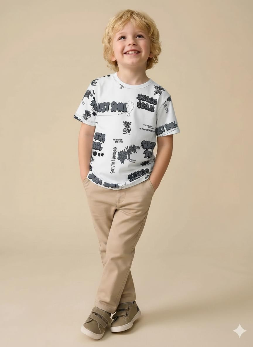 Boys Off White Printed T-shirt