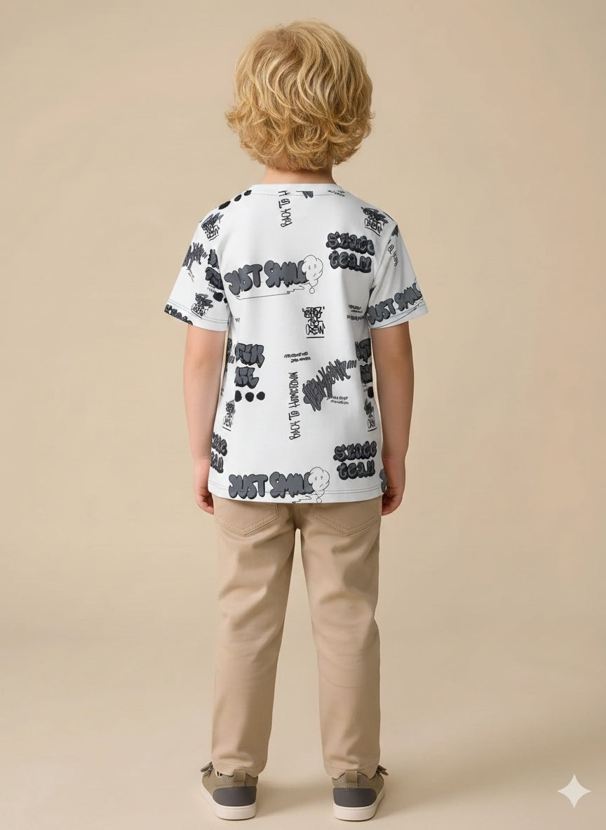Boys Off White Printed T-shirt