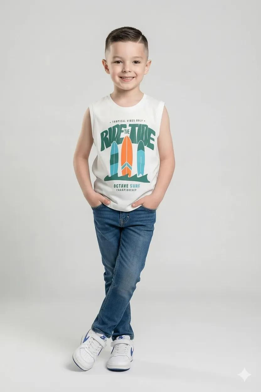 Octave Boys Off White Graphic Printed Cotton Tshirt