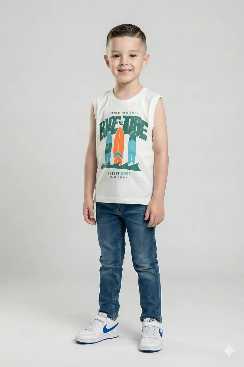 Octave Boys Off White Graphic Printed Cotton Tshirt