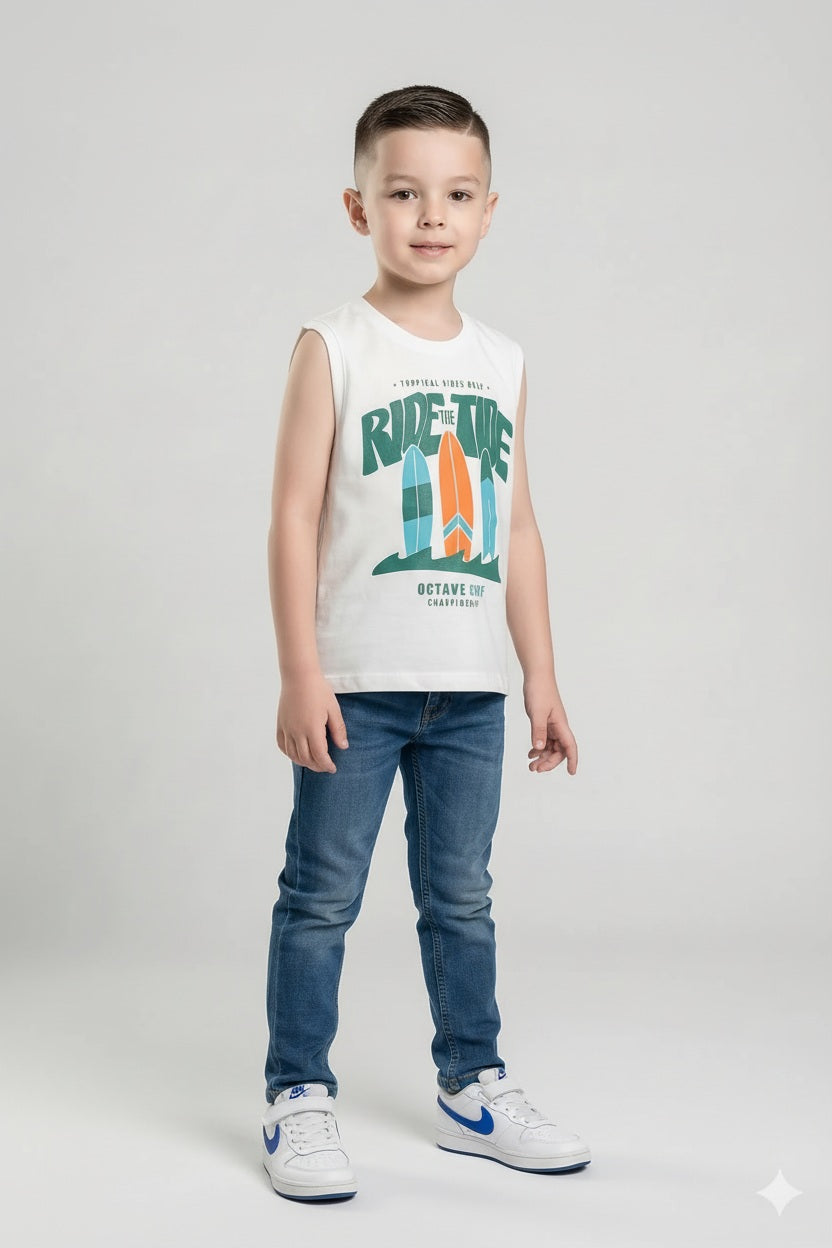Octave Boys Off White Graphic Printed Cotton Tshirt