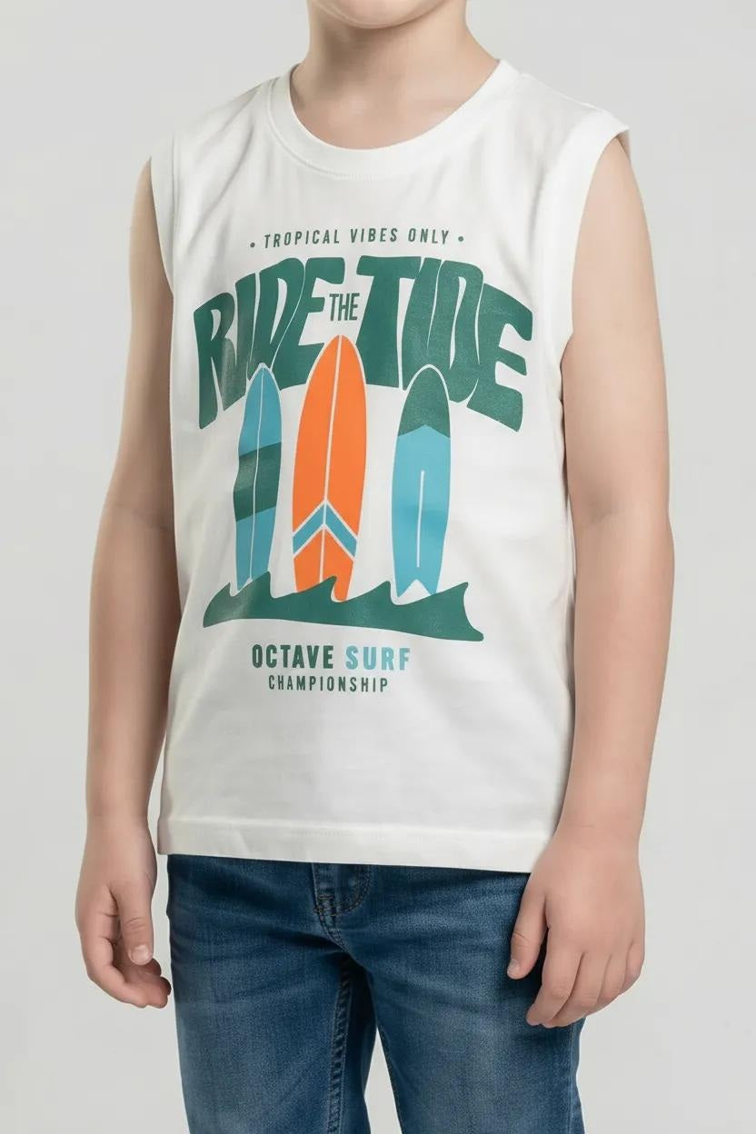 Octave Boys Off White Graphic Printed Cotton Tshirt