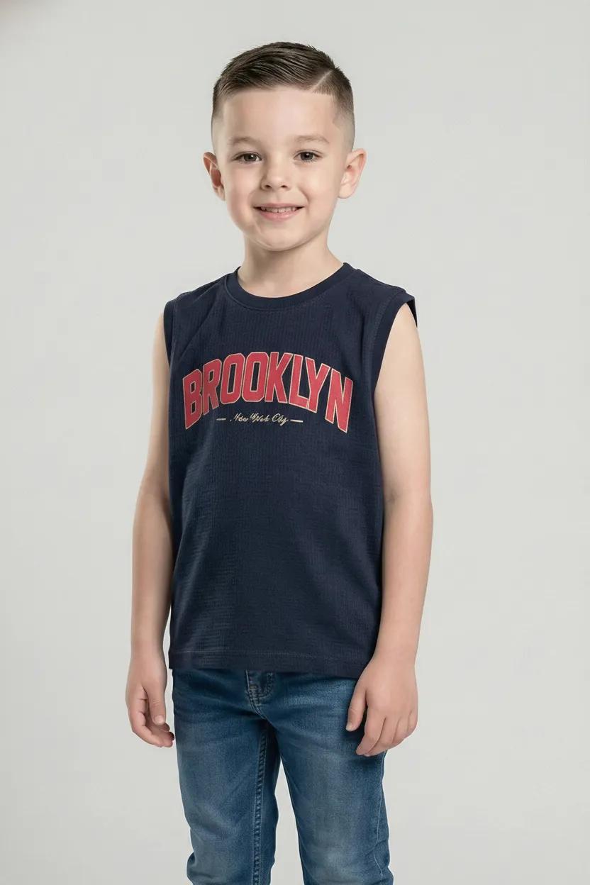 Boys Navy Printed Round Neck T-shirt