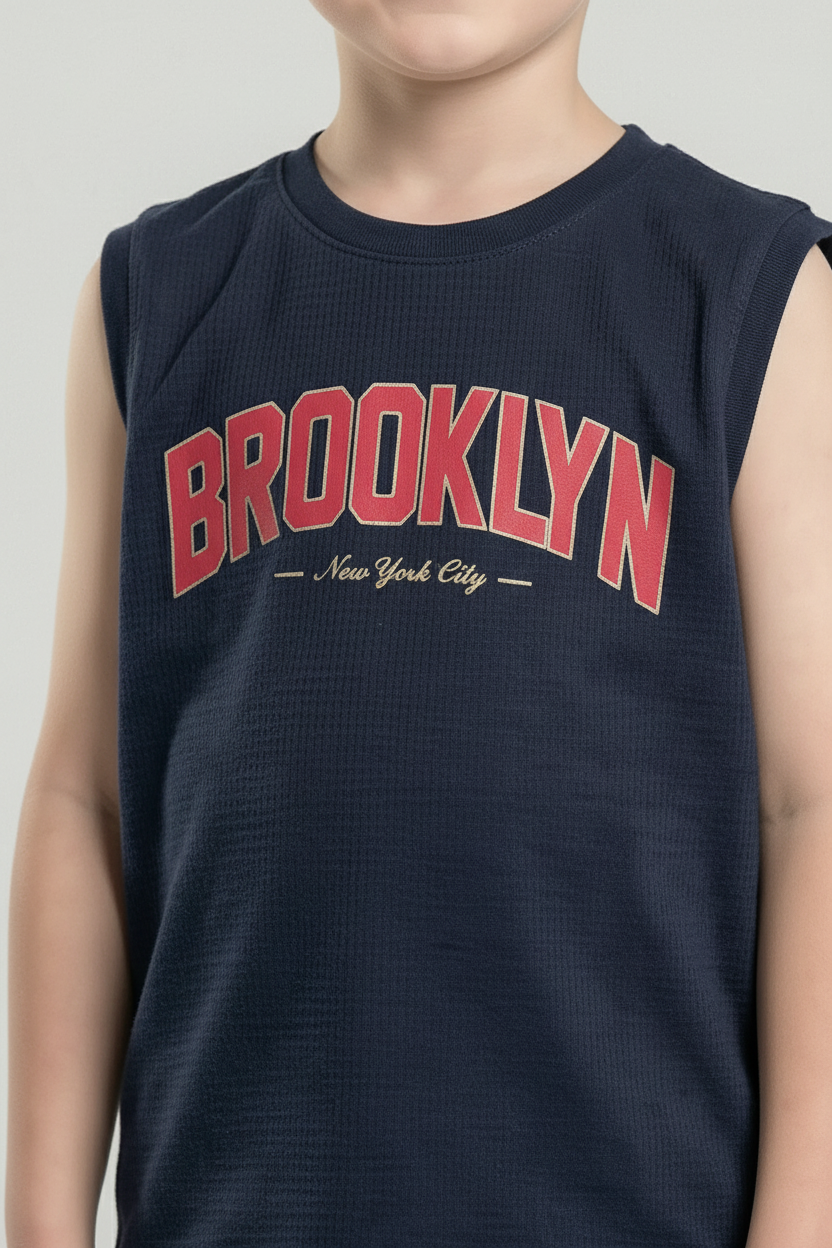 Boys Navy Printed Round Neck T-shirt