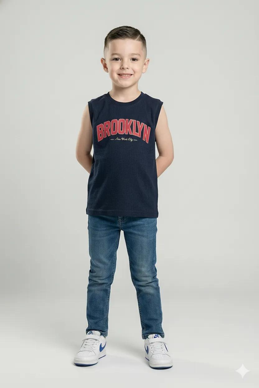 Boys Navy Printed Round Neck T-shirt