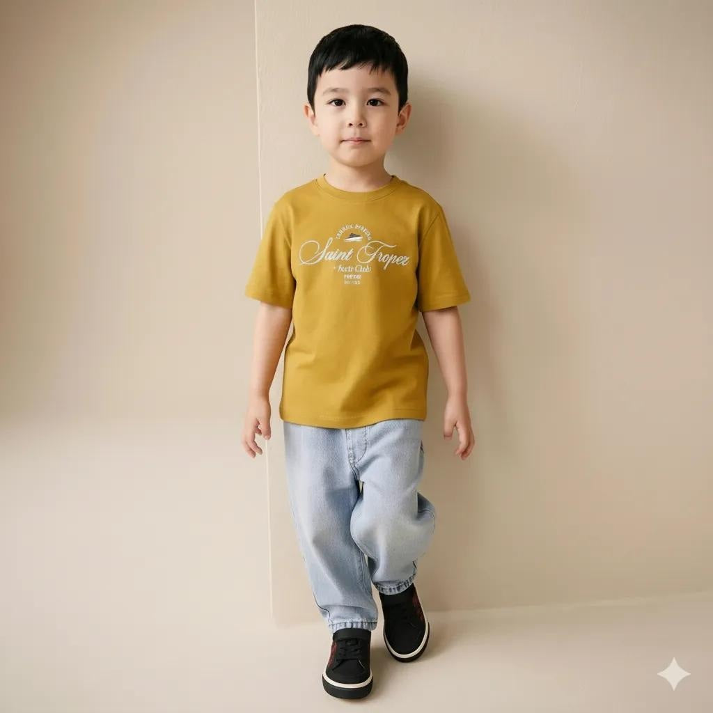 Boy Mustard Printed Round Neck T-Shirt