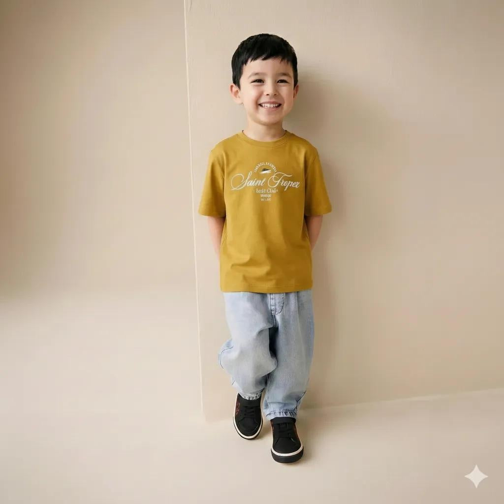 Boy Mustard Printed Round Neck T-Shirt