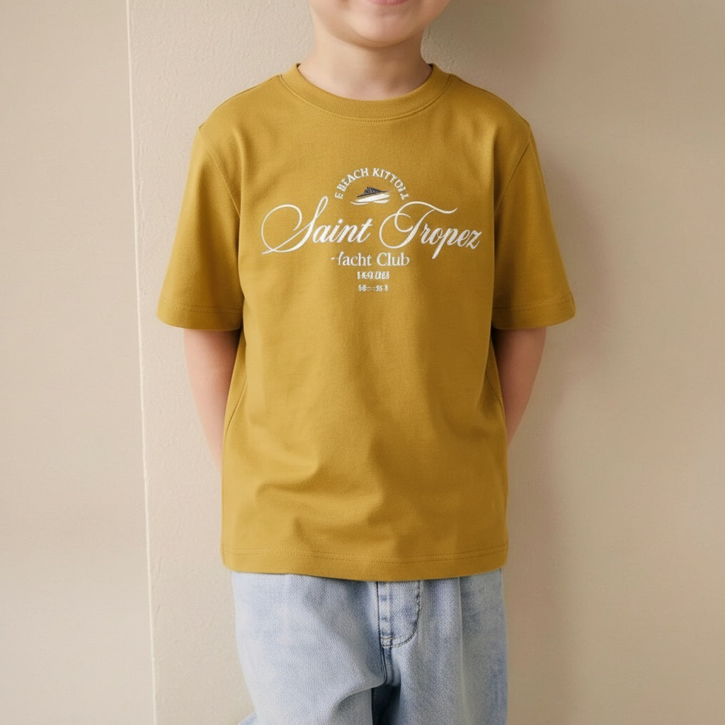 Boy Mustard Printed Round Neck T-Shirt