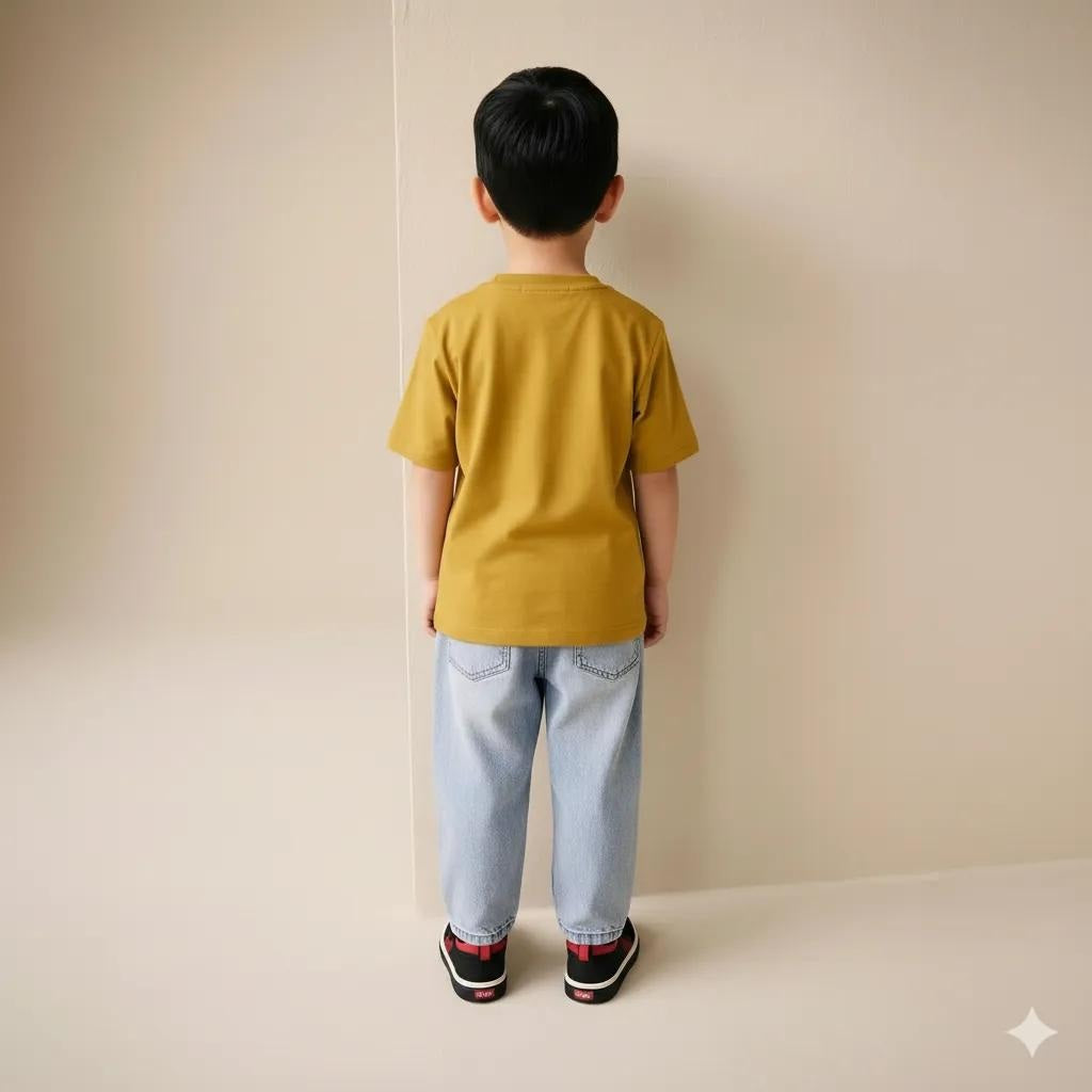 Boy Mustard Printed Round Neck T-Shirt