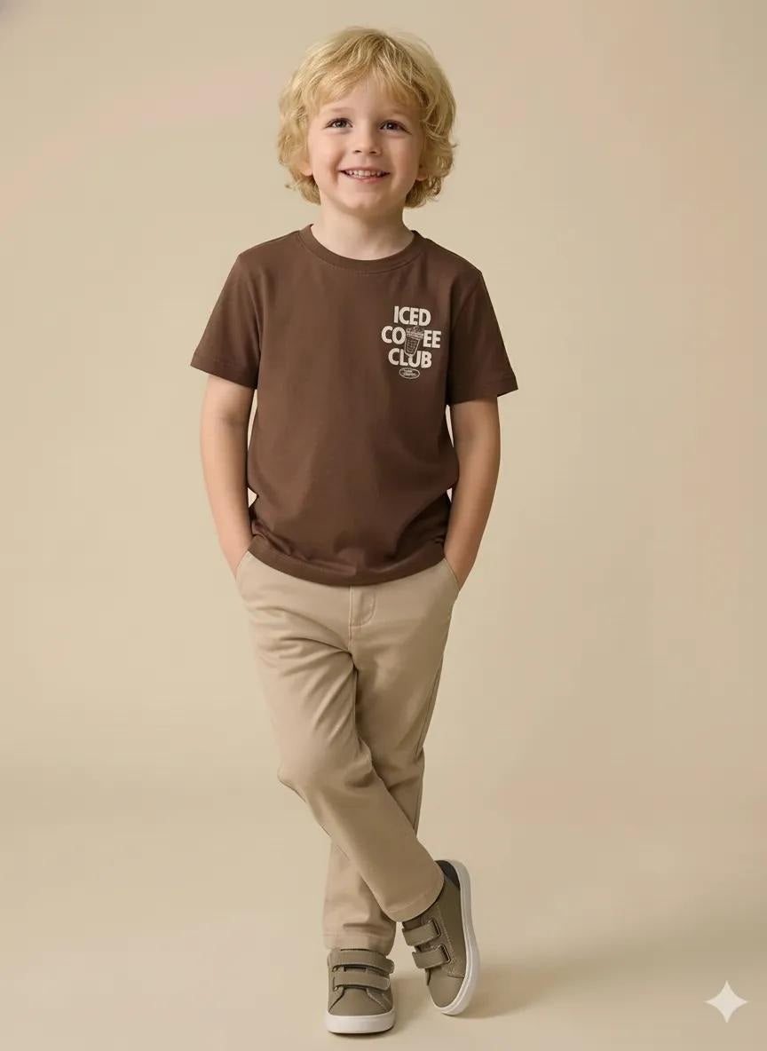 Octave Boys Tiramisu Brown Round Neck Cotton Tshirts