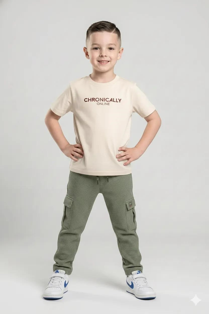 Boys Olive Regular Fit Textured Cargos