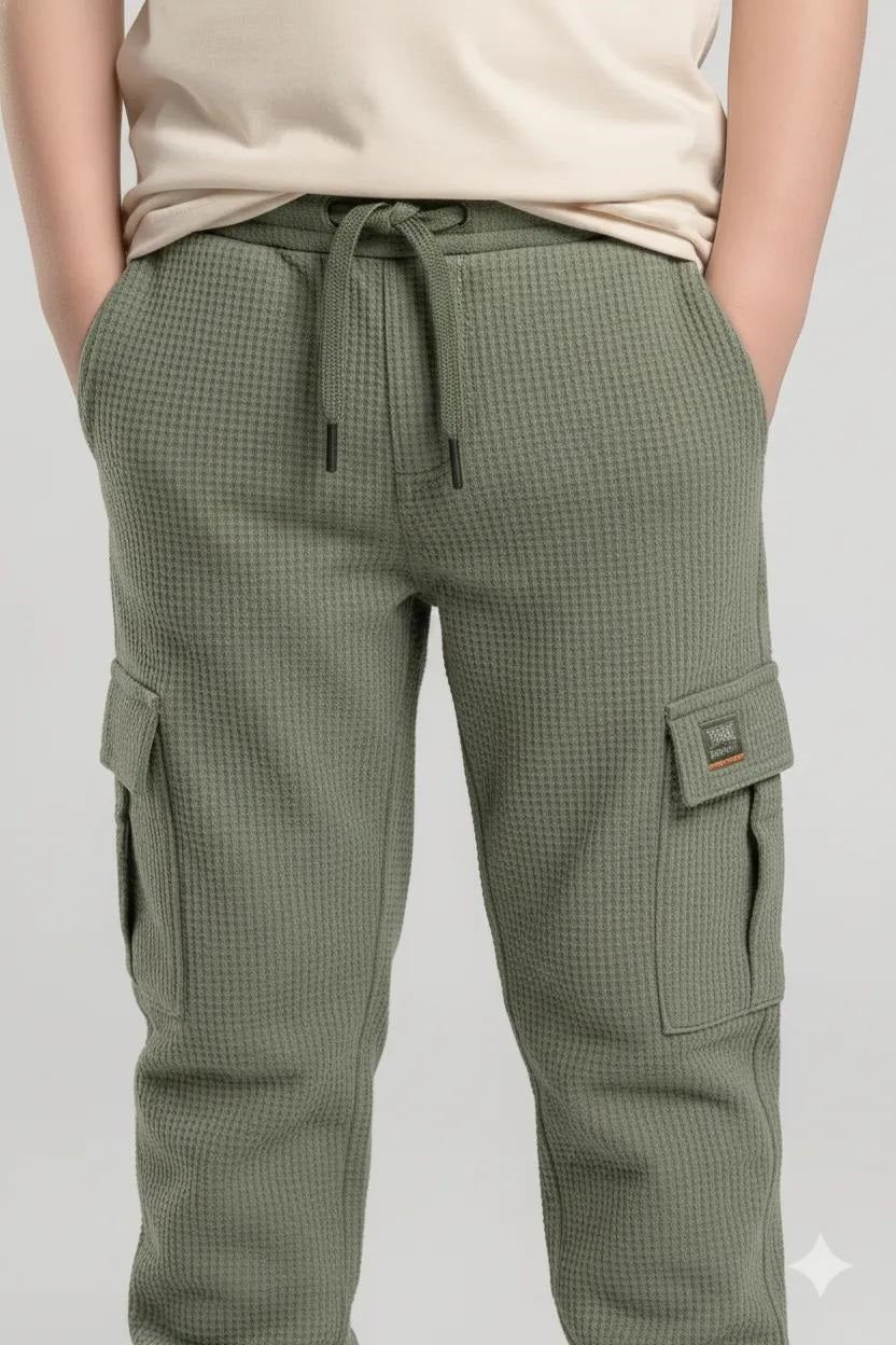 Boys Olive Regular Fit Textured Cargos