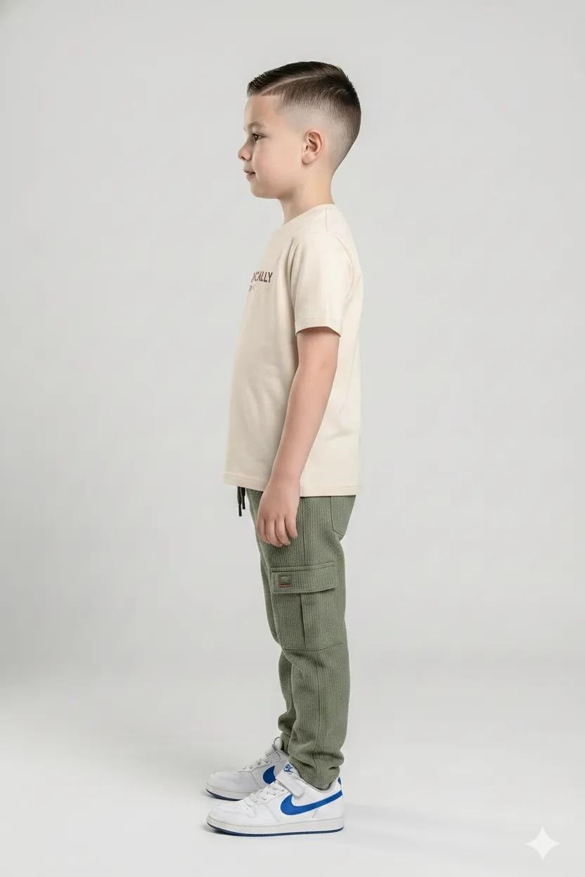 Boys Olive Regular Fit Textured Cargos