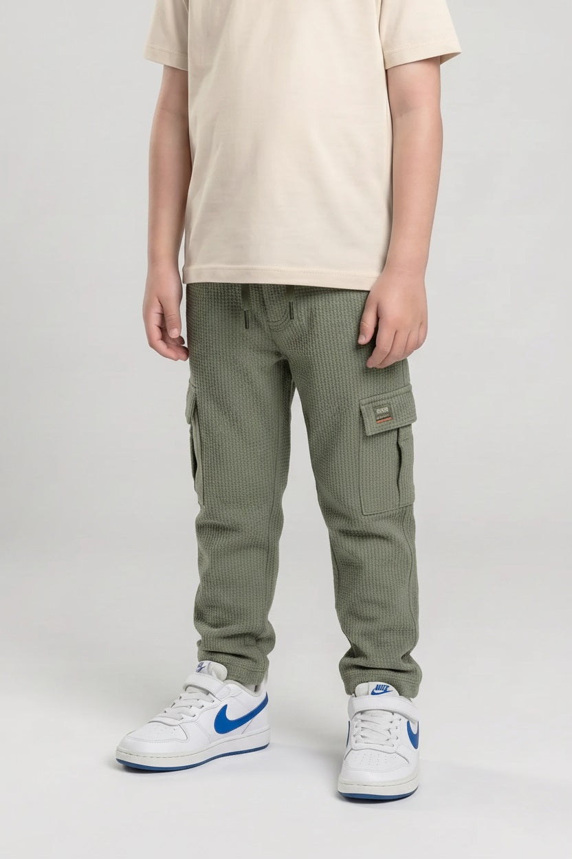 Boys Olive Regular Fit Textured Cargos