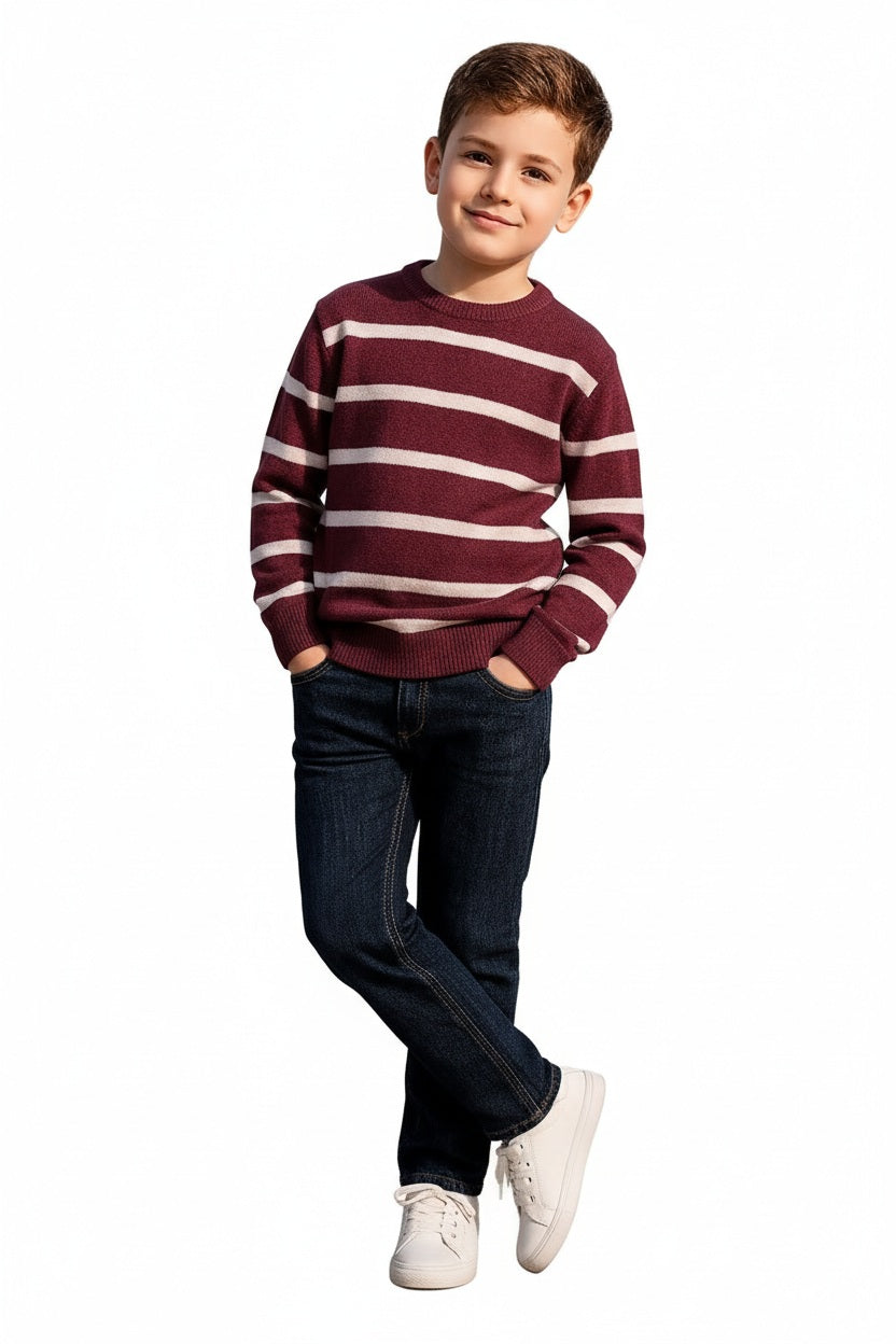 Boys Round Neck Striped Pullover Sweater