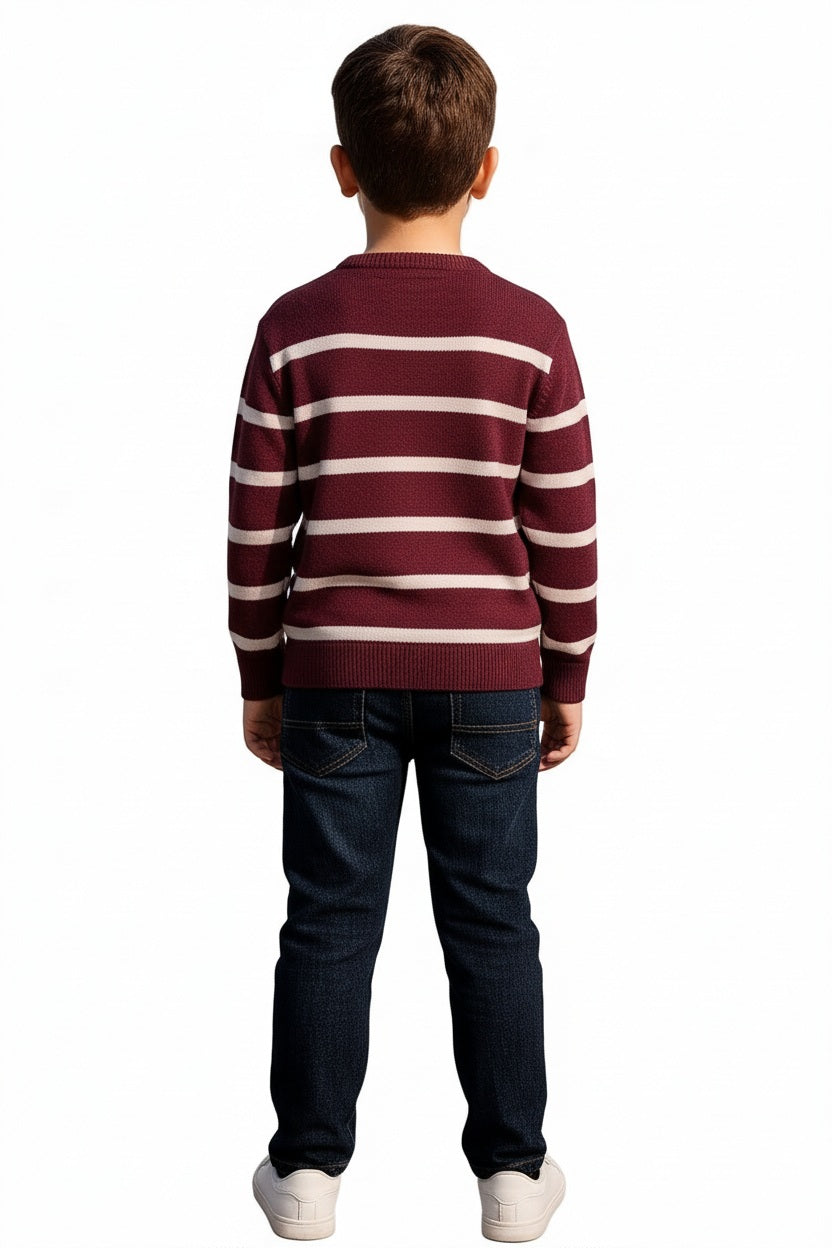 Boys Round Neck Striped Pullover Sweater