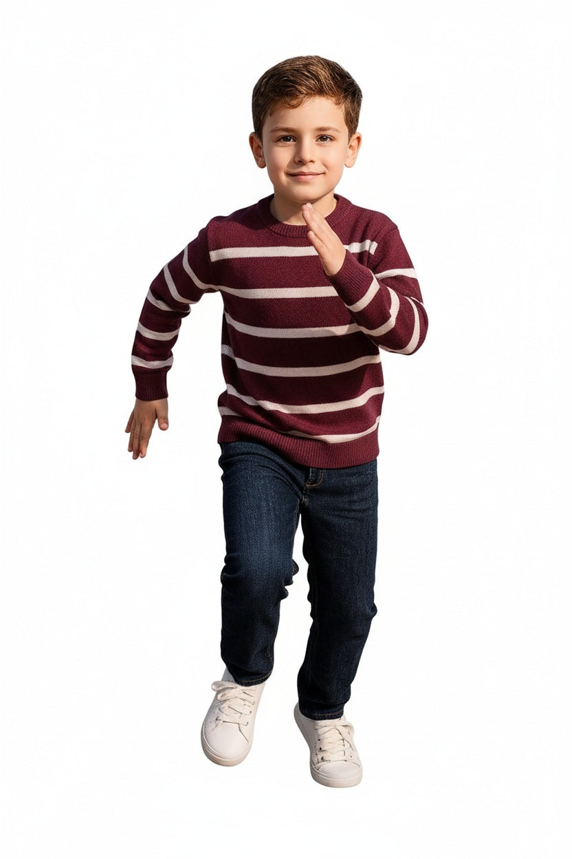 Boys Round Neck Striped Pullover Sweater