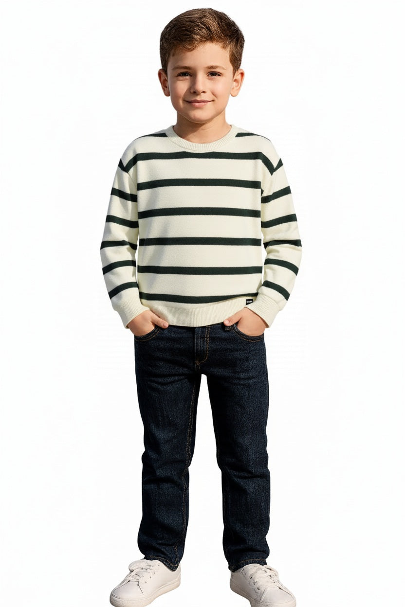 Boys Round Neck Striped Pullover Sweater