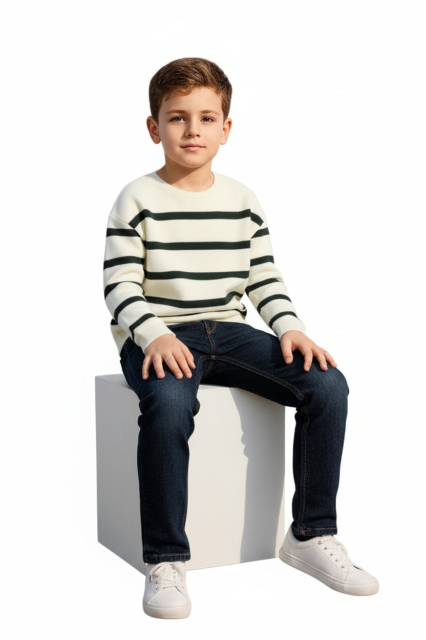 Boys Round Neck Striped Pullover Sweater