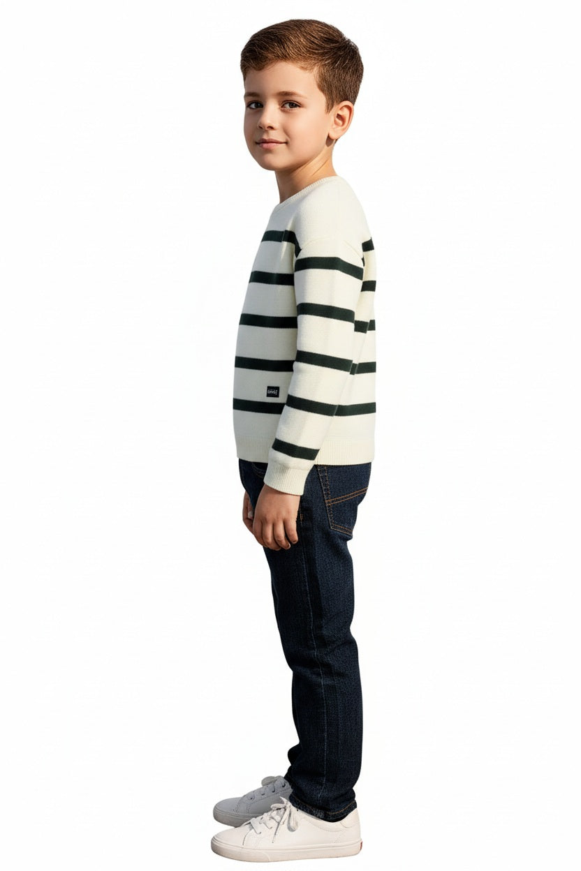 Boys Round Neck Striped Pullover Sweater