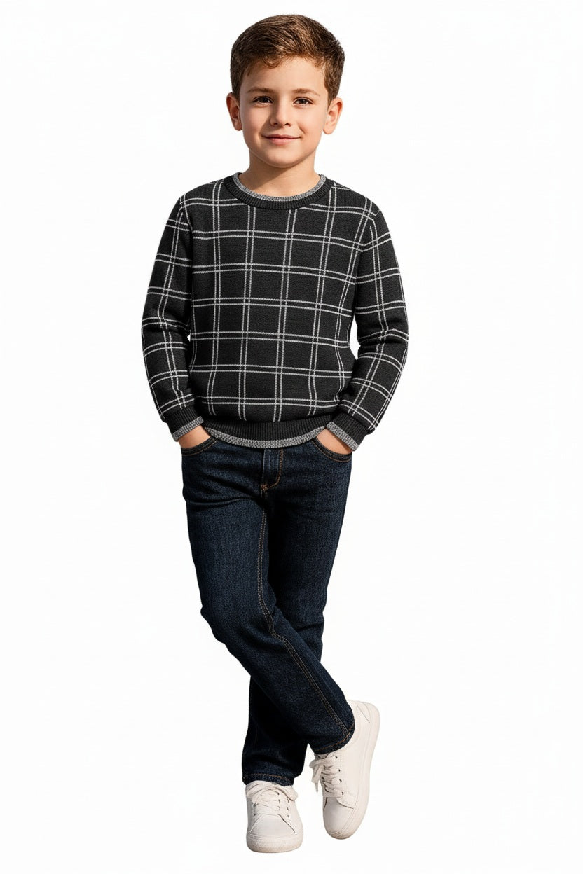 Boys Round Neck Checked Pullover Sweater