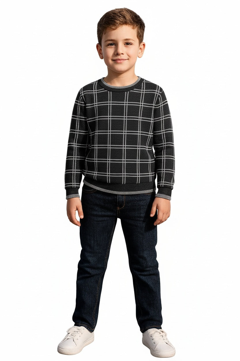 Boys Round Neck Checked Pullover Sweater
