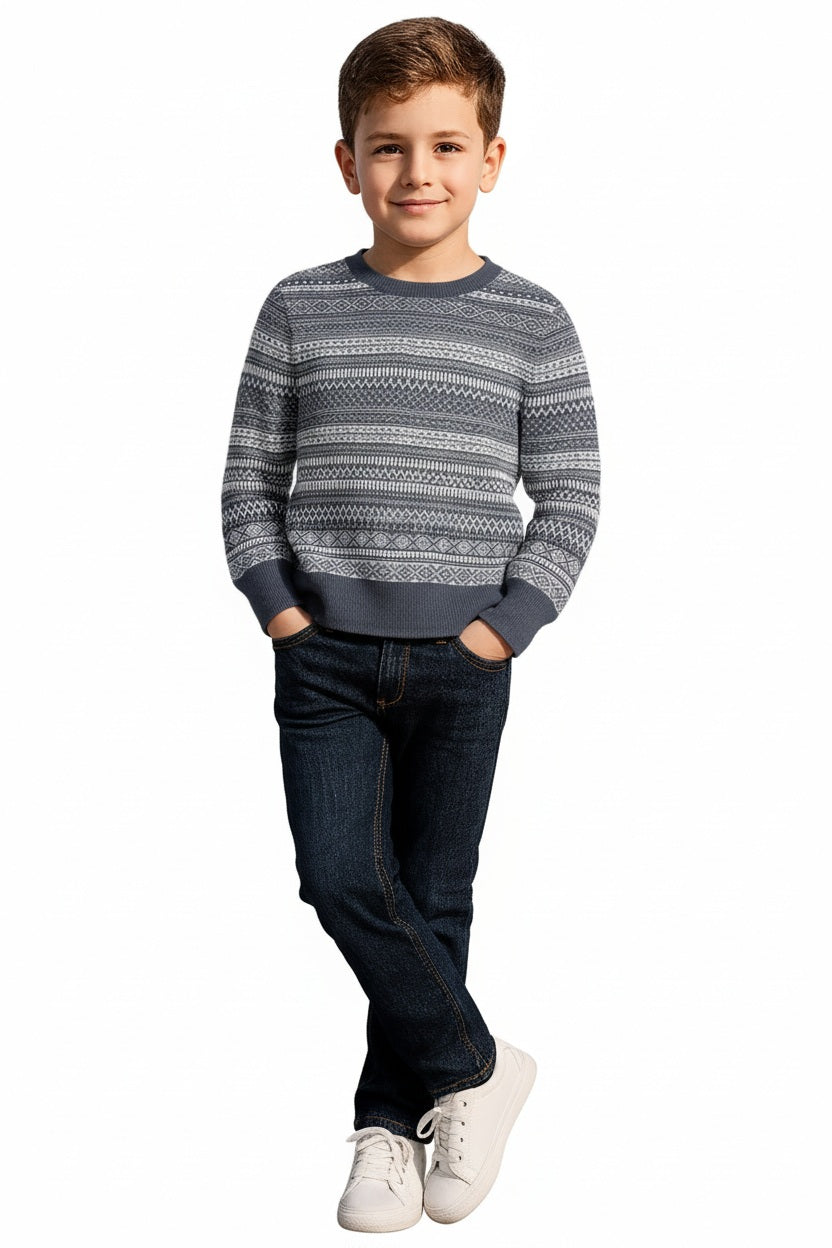 Boys Round Neck Striped Pullover Sweater