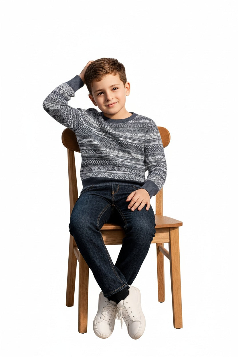 Boys Round Neck Striped Pullover Sweater