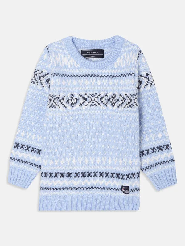 Octave Boys Blue White Acrylic Printed Pullover Sweater