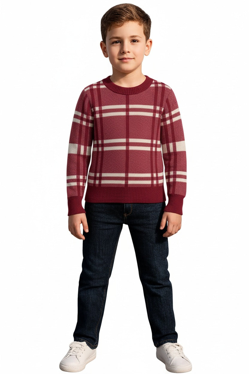 Boys Round Neck Checked Striped Pullover Sweater