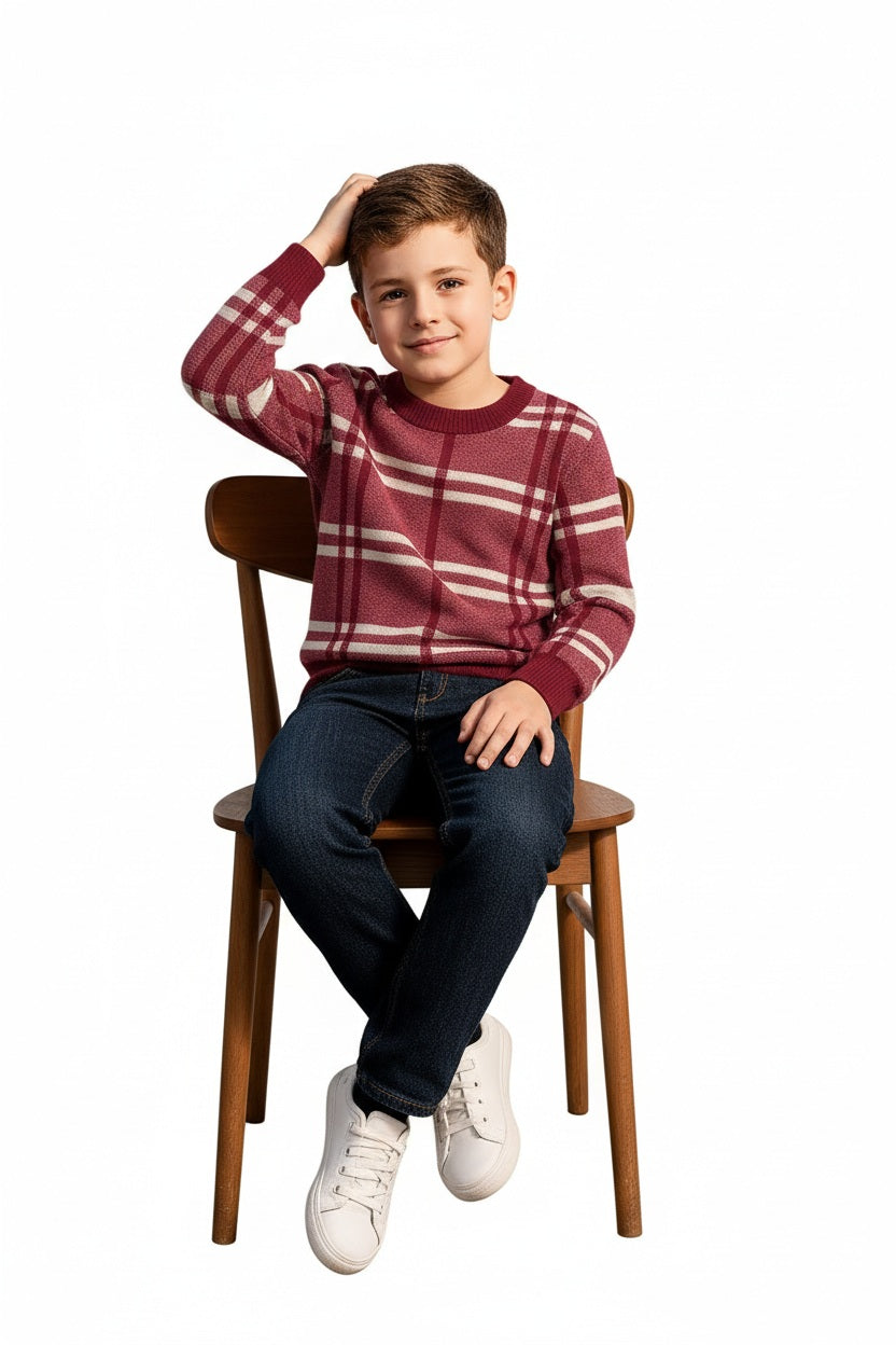 Boys Round Neck Checked Striped Pullover Sweater
