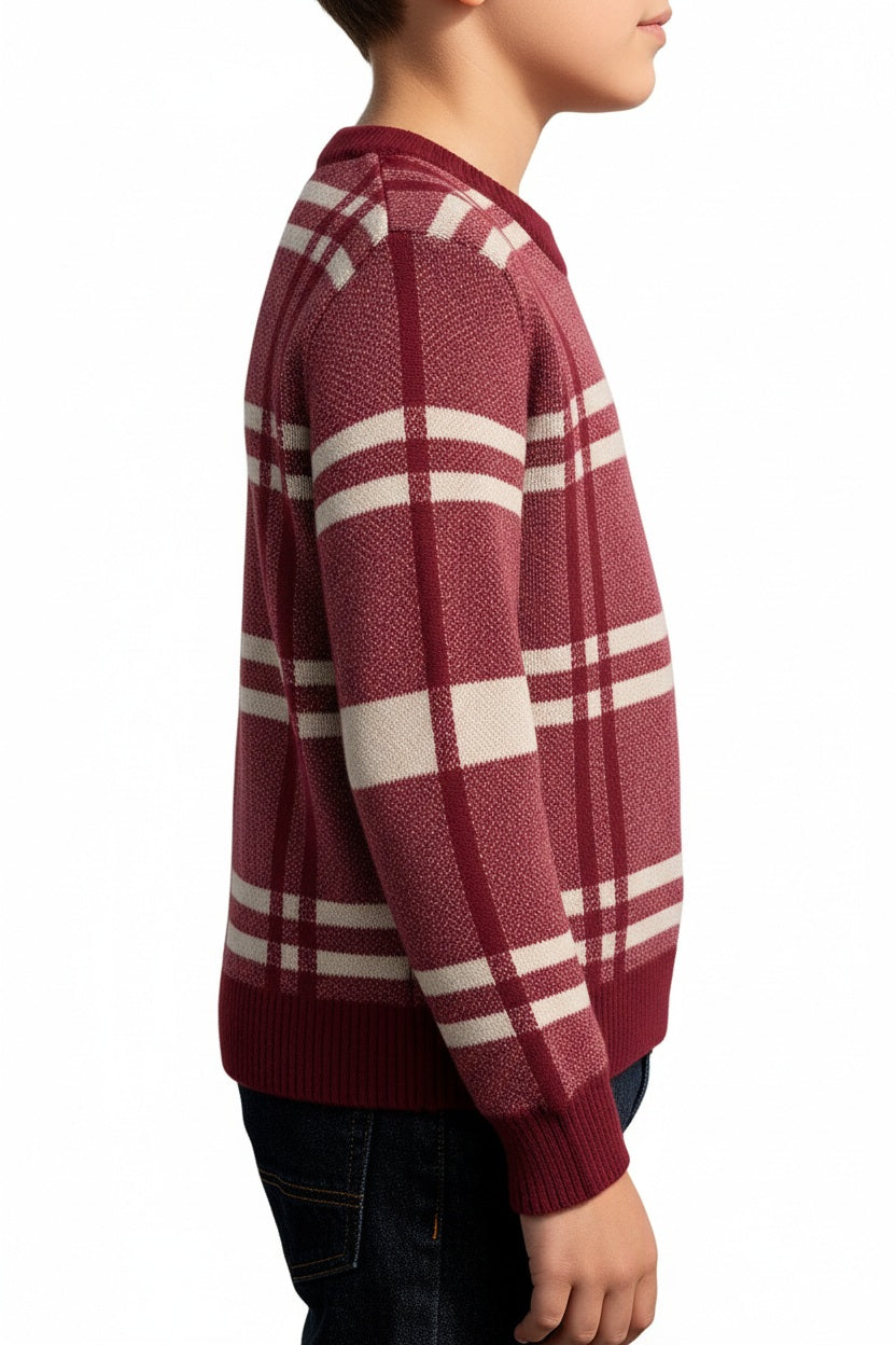 Boys Round Neck Checked Striped Pullover Sweater