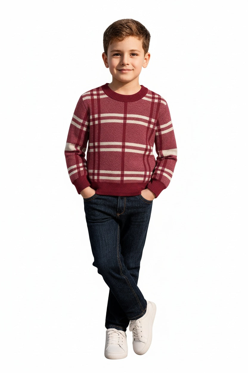 Boys Round Neck Checked Striped Pullover Sweater