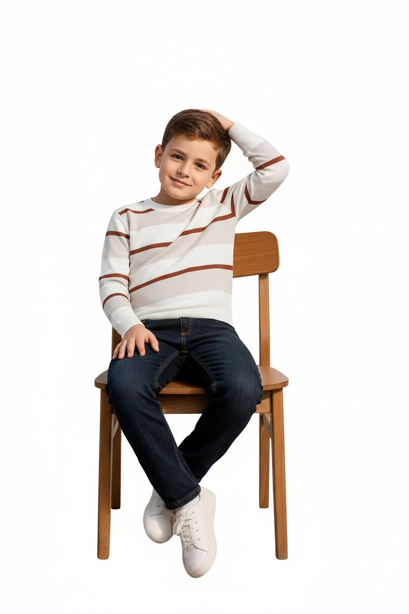 Boys Round Neck Striped Pullover Sweater