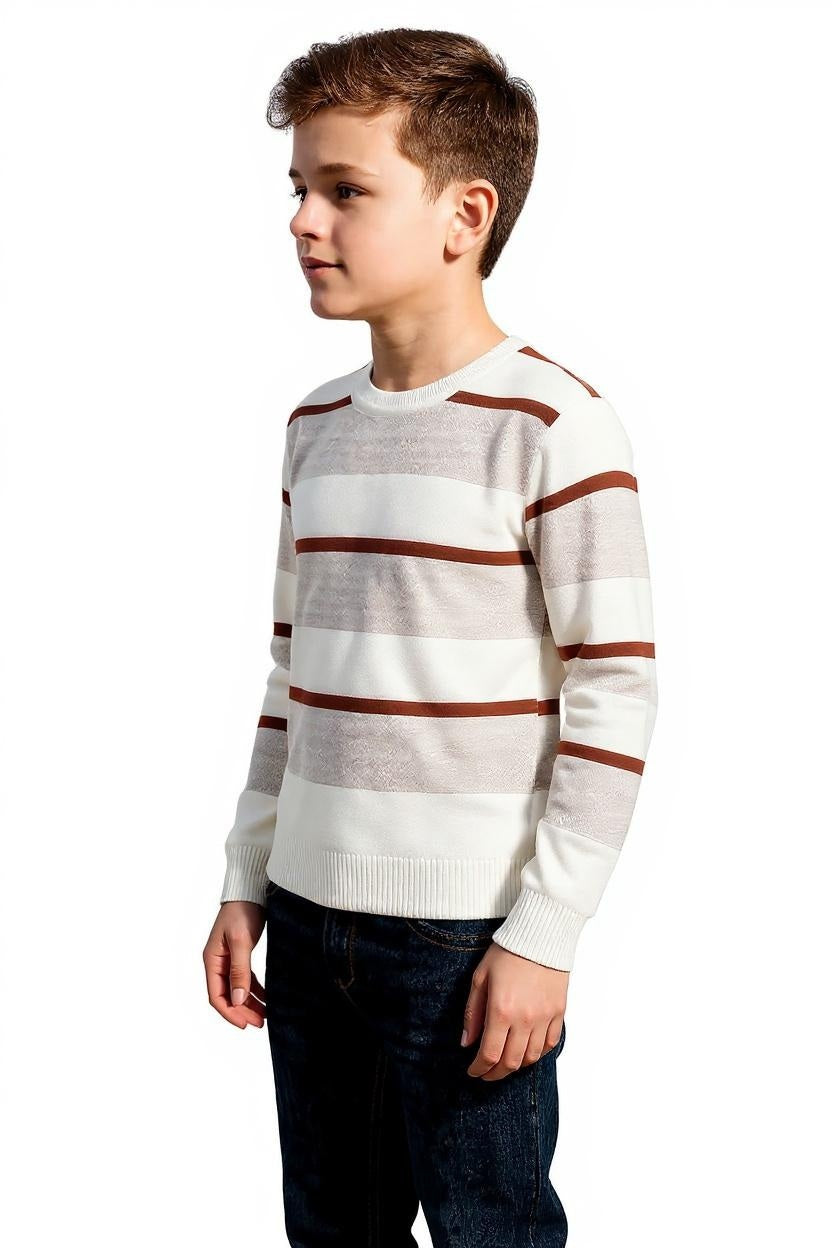 Boys Round Neck Striped Pullover Sweater