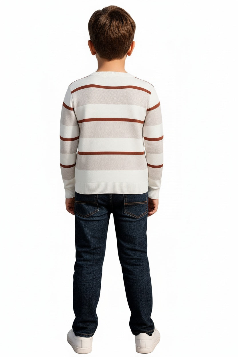 Boys Round Neck Striped Pullover Sweater