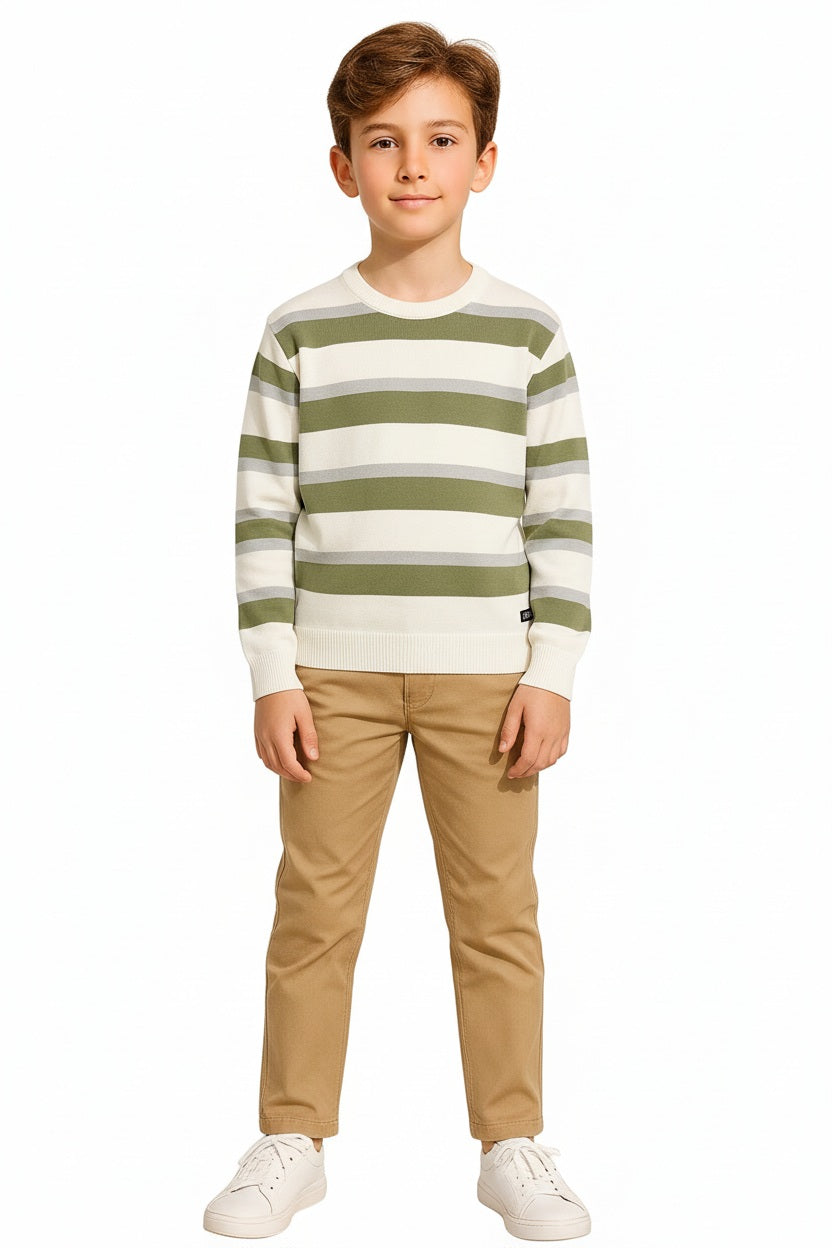 Boys Round Neck Striped Pullover Sweater