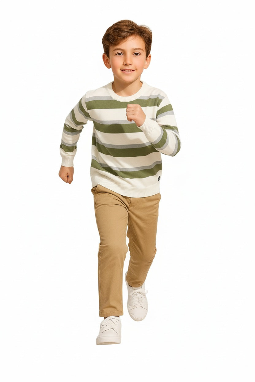 Boys Round Neck Striped Pullover Sweater